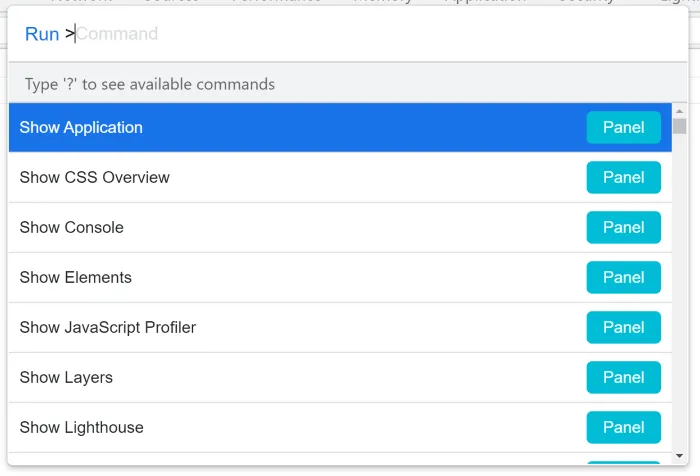 A screenshot of the Chrome DevTools Command Palette