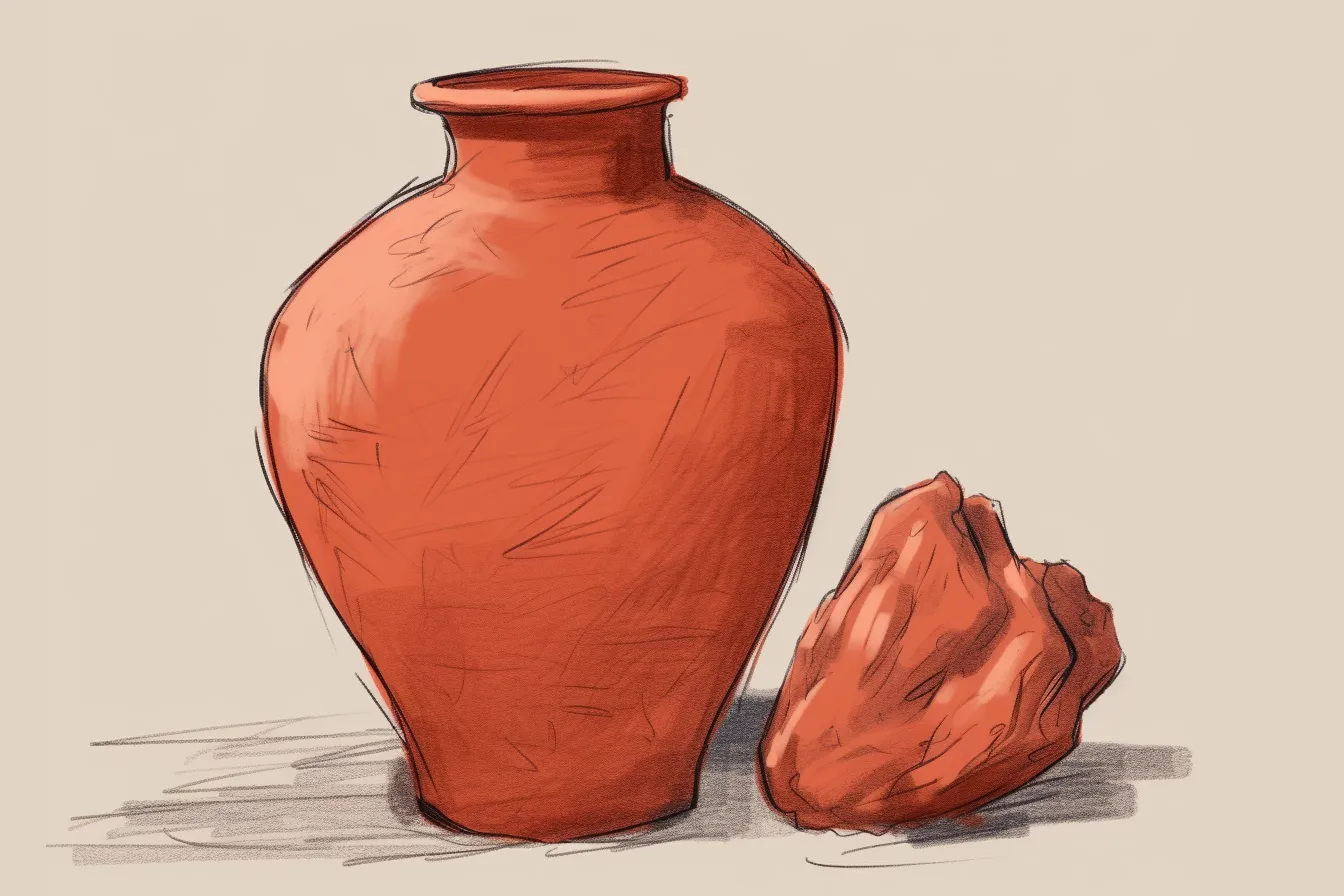 A red clay vase next to a lump of clay.