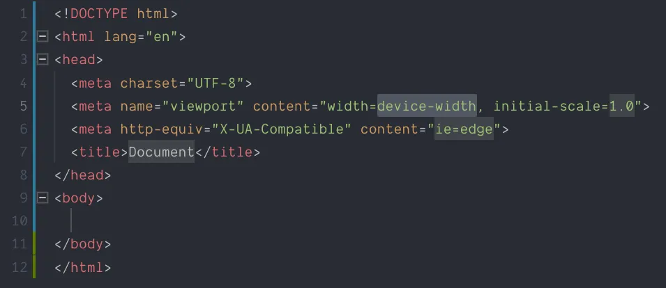 VSCode with basic HTML elements and certain parts highlighted