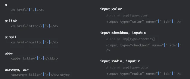 A screenshot of the Emmet cheat sheet that shows a blue line where your cursor will appear