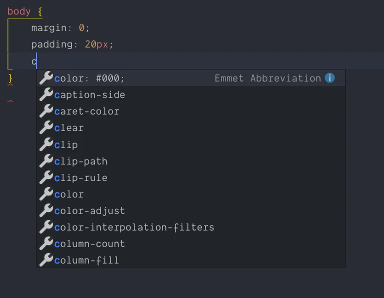 Showing an example of Emmet's autocomplete