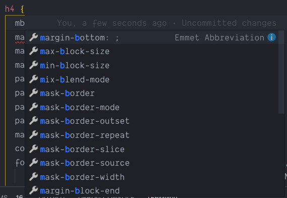 Emmet's CSS autocomplete in action