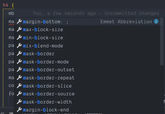 Emmet's CSS autocomplete in action