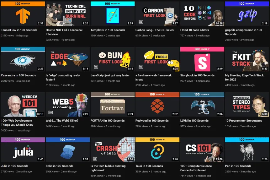 Thumbnails of the Fireship Youtube channel