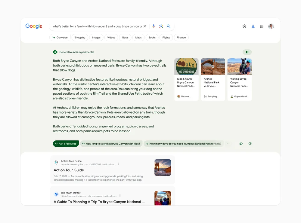 The Google search results showing an AI generated answer at the top of the list of sites.