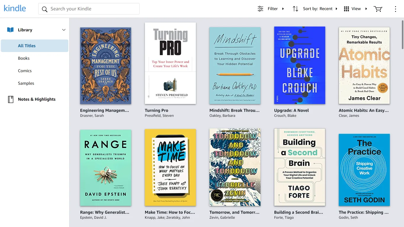 The Dashboard UI for the Kindle web library, showing multiple books