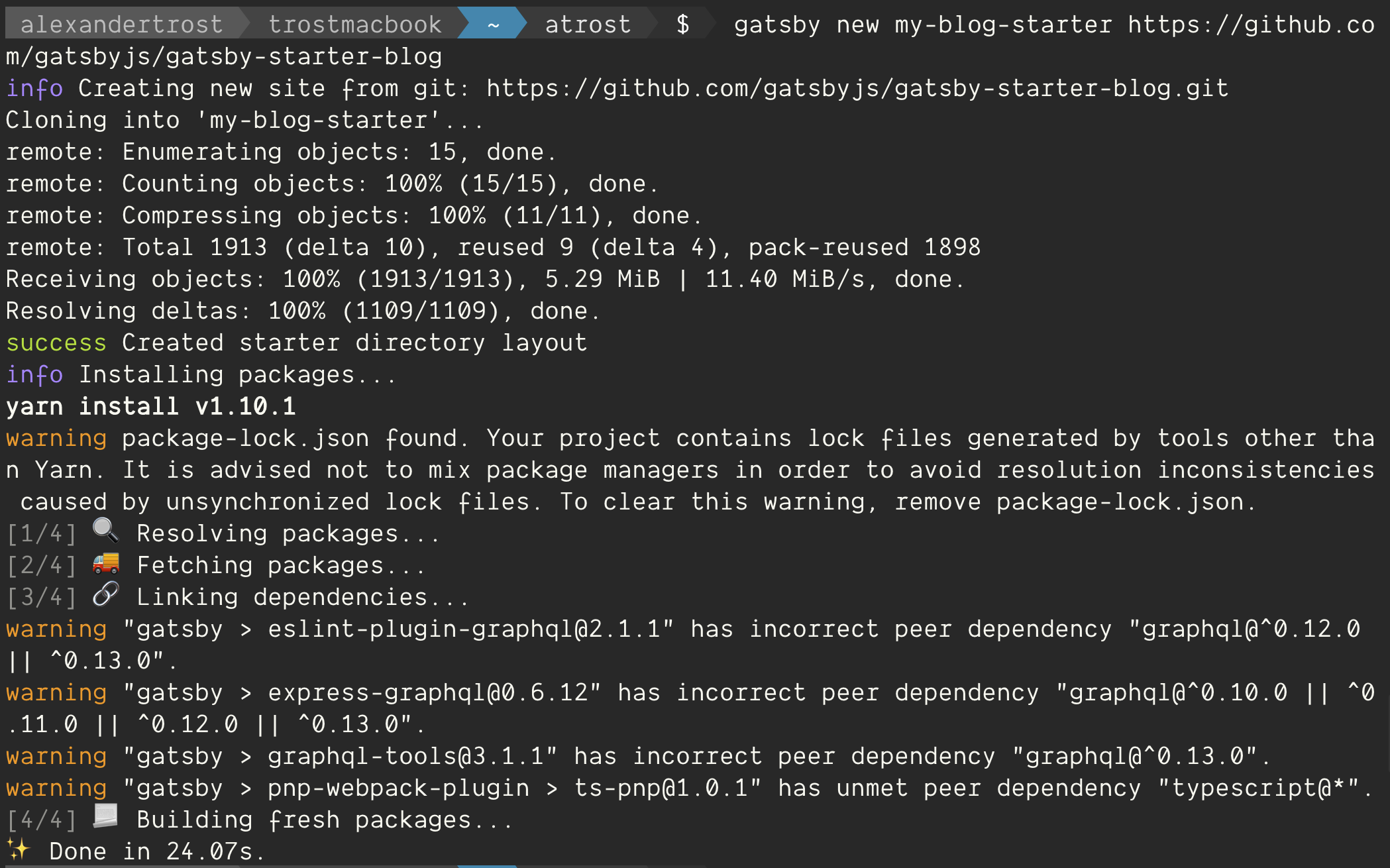 Terminal after running the Gatsby CLI