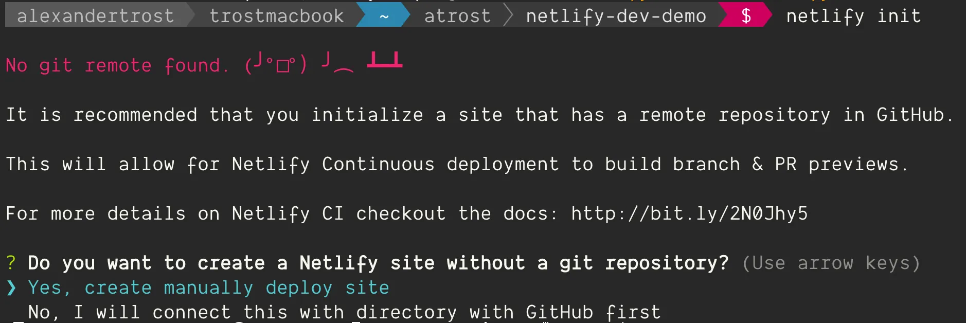 Terminal after running netlify init, asking if we're sure we want to deploy without Git