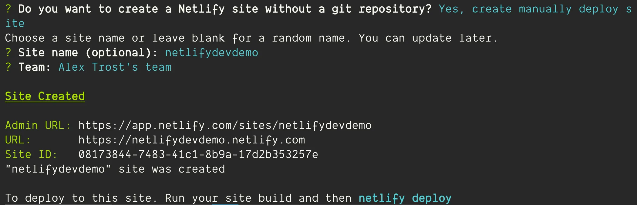 Terminal after successfully initializing Netlify on this project