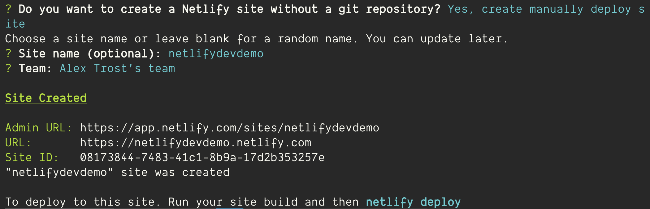 Terminal after successfully initializing Netlify on this project