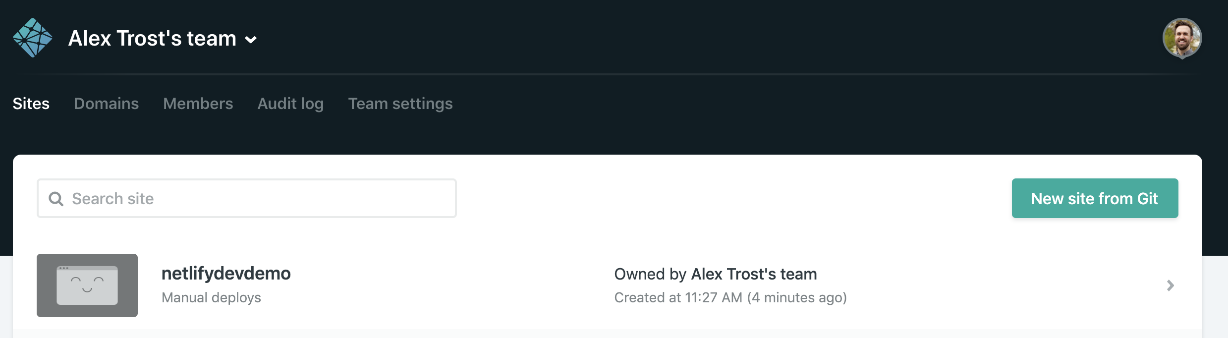 The Netlify admin panel showing our site