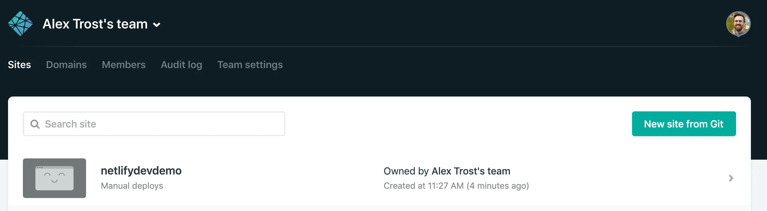 The Netlify admin panel showing our site