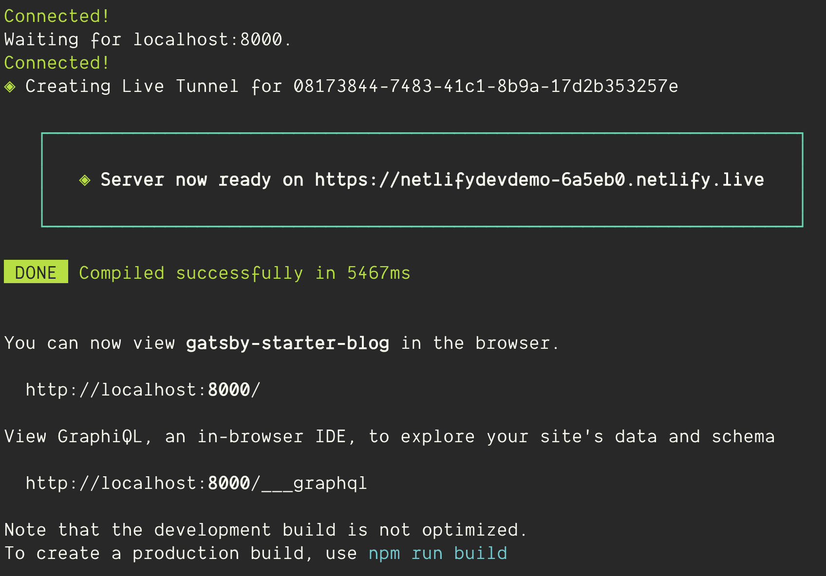 Terminal: The success message after running Netlify Dev