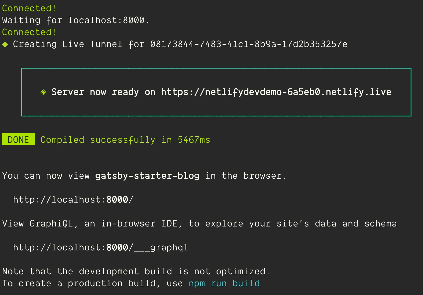 Terminal: The success message after running Netlify Dev