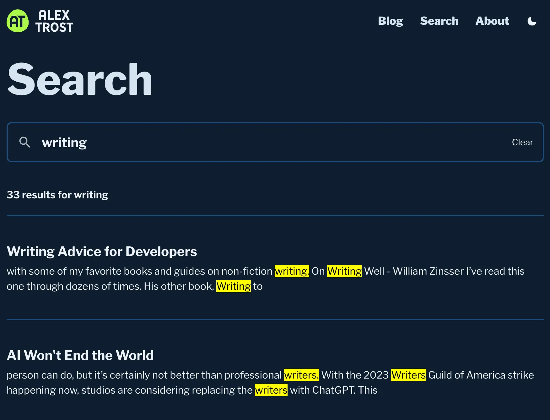 A screenshot of the search results on Trost.Codes for the query &#x27;writing&#x27;